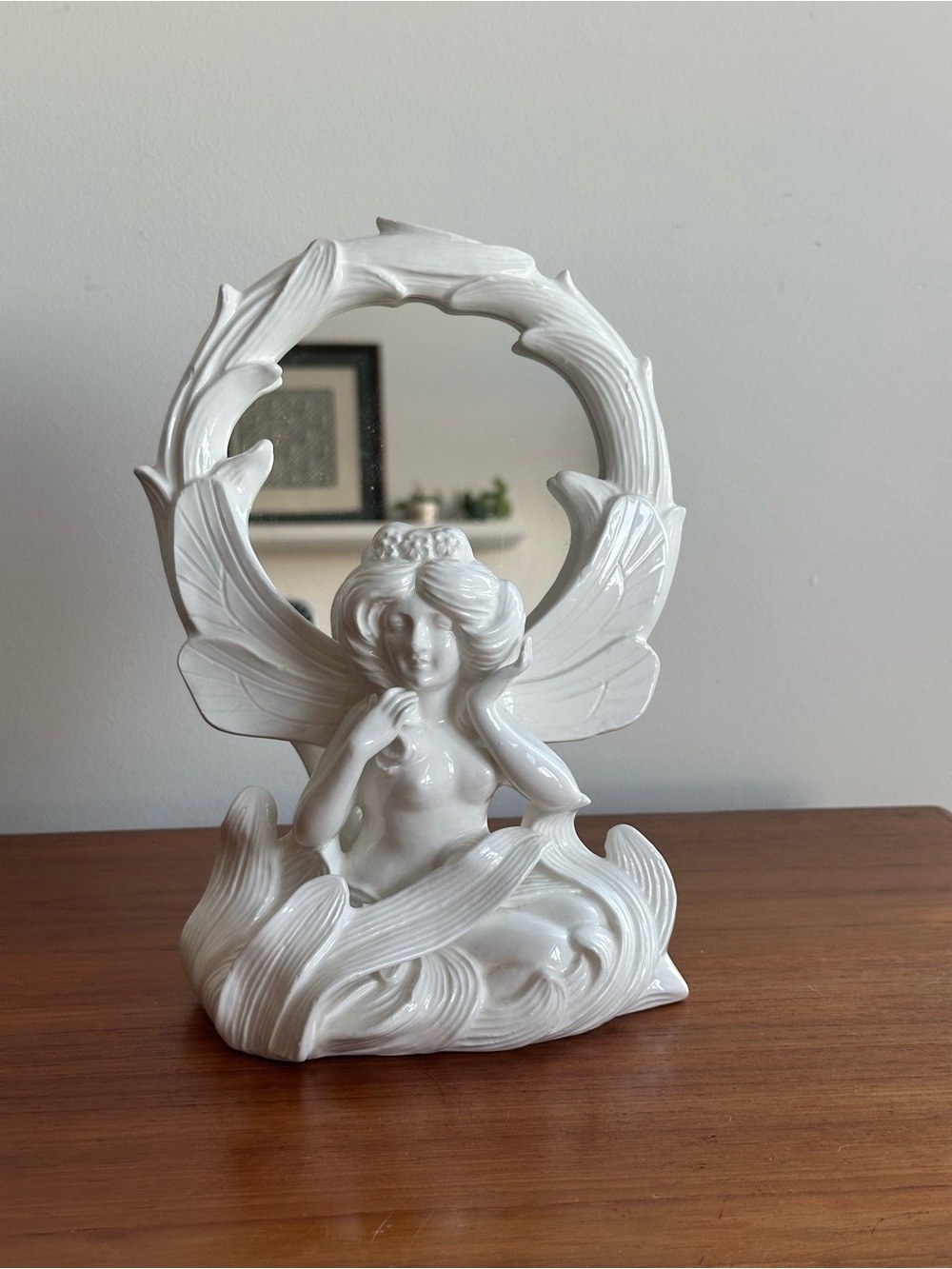 FITZ & FLOYD FAIRIES DESK MIRROR | VINTAGE ART NOUVEAU CERAMIC FAIRY MERMAID